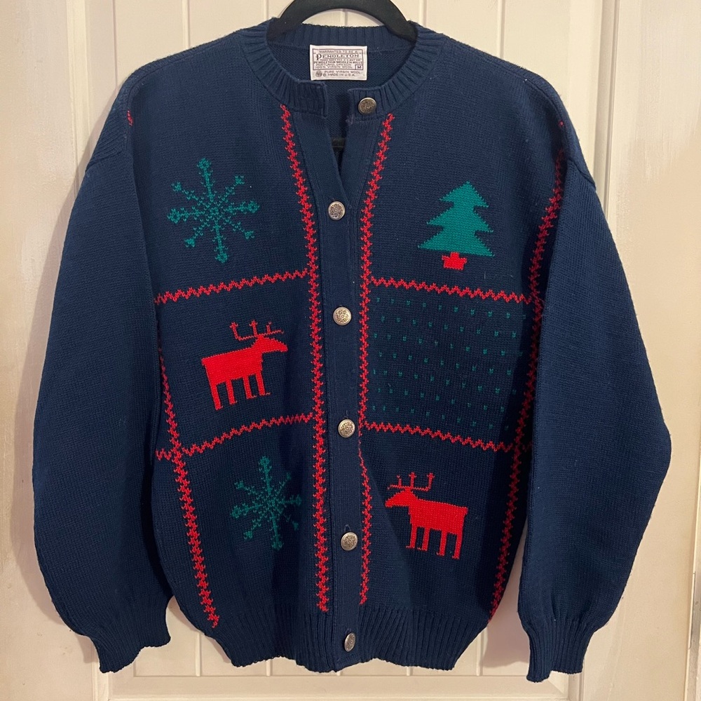 Pendleton Navy Cardigan with Red and Green Patterns
